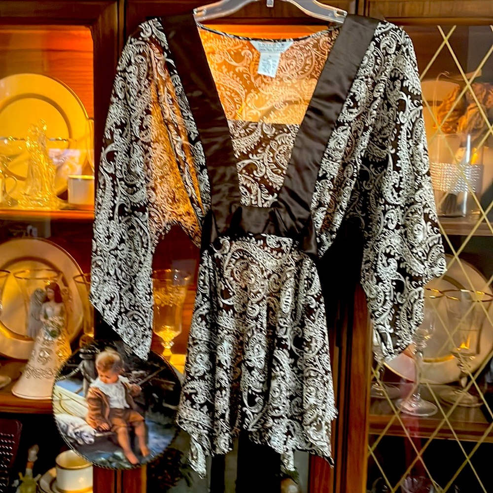 Like NEW brown & cream sheer blouse, flowing 3/4 sleeve, ties in back, size M
